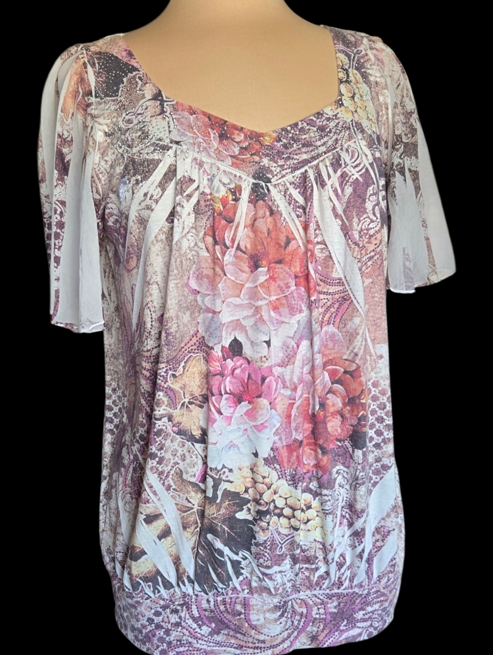 Magenta Floral Short-Sleeve Blouse in Pink and Purple Tones Sz Xl